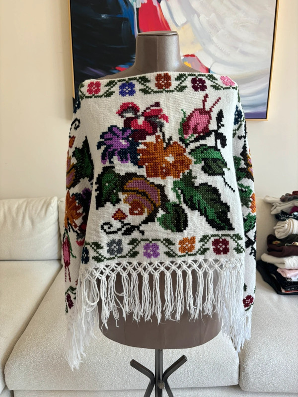 White Embroidered Knit Poncho 1