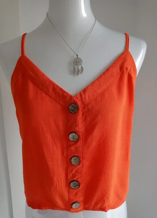 Magnifique haut crop top débardeur orange avec boutons fines bretelles T38, staat: Heel goed, maat: M / 38 / 10, € 4,90, € 5,85 inclusief Kopersbescherming Pro