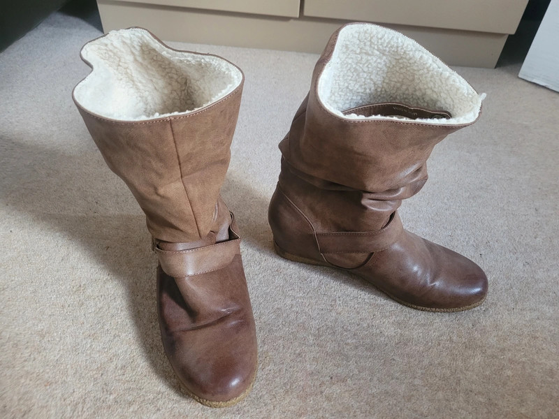 Miss KG Tan ankle to calf wedge boots with sheep s wool lining