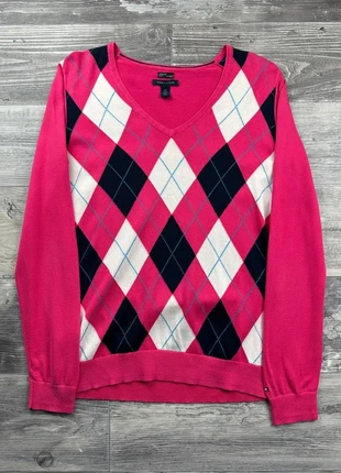 Pull col V motif losange Tommy Hilfiger Fuchsia taille S, marque: Tommy Hilfiger, état: Bon état, taille: S / 36 / 8, 6,00 €, 7,00 € Protection acheteurs incluse