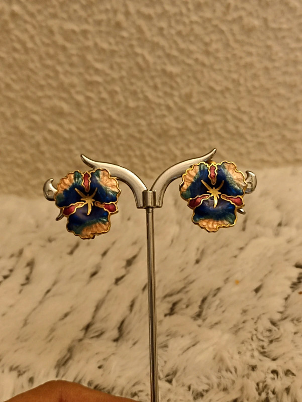 Magnifique boucles d'oreilles clips vintage fleur bleu 5