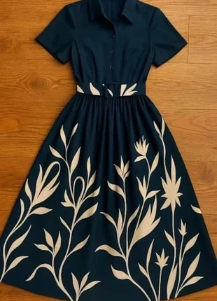 Robe bleu marine à motifs feuilles beiges – Taille S, marke: Sylmée, zustand: Sehr gut, größe: S / 36 / 8, 31,80 €, 34,09 € inklusive Vinted-Käuferschutz