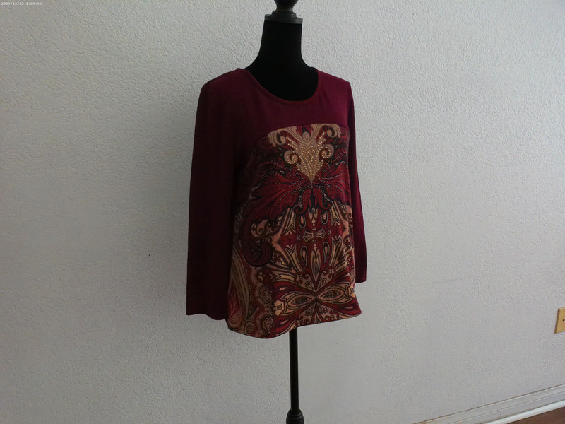 Dark Plum floral Long sleeve blouse, with gold, silver and red 5