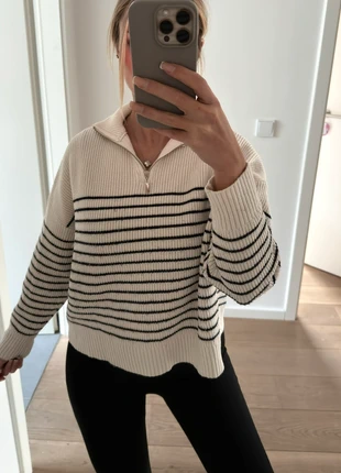 Mango XS – Weißer Streifen-Pullover mit Kragen & silbernem Zipper, brand: Mango, condizioni: Ottime, taglia: XS / IT 38 / EU 34, €15.00, €16.45 include la Protezione acquisti