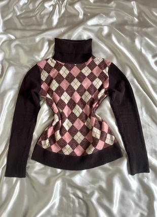 Pull en laine angora col montant marron motif losanges - y2k 2000s, marque: Top Vintage, état: Très bon état, taille: S / 36 / 8, 24,00 €, 25,90 € Protection acheteurs (Pro) incluse