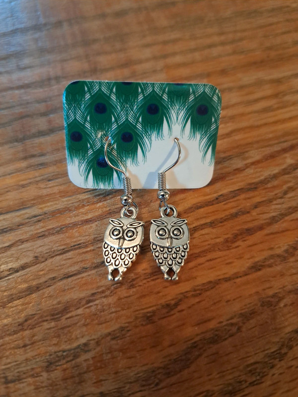 small silver owl charm earrings 1