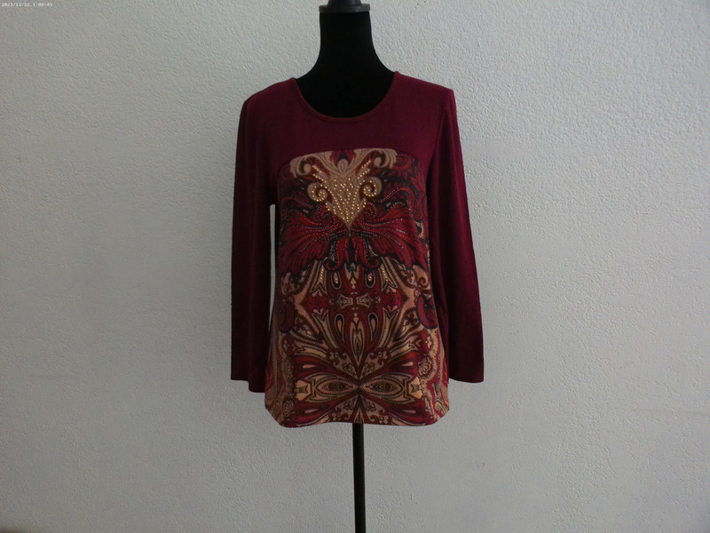 Dark Plum floral Long sleeve blouse, with gold, silver and red 1