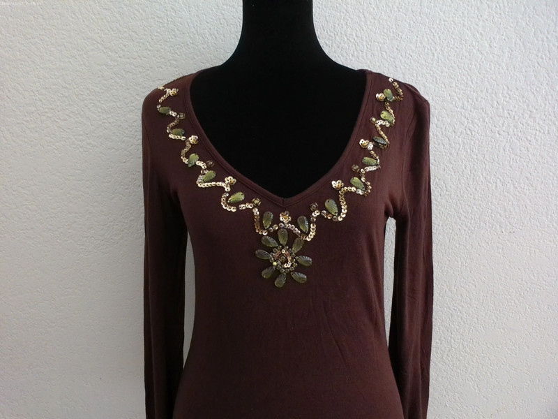 Brown V-neck Long Sleeve Blouse, with green rhinestone, 4