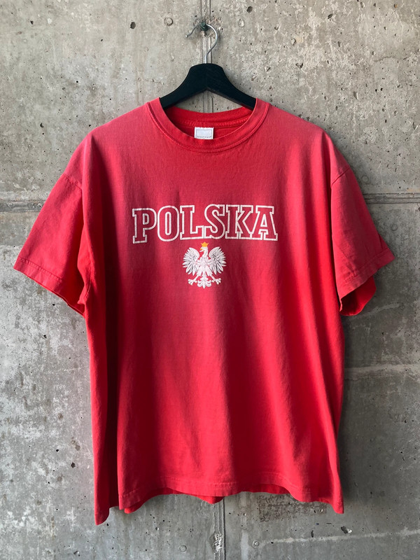 Men’s VTG Stedman T-Shirt Size Large Polska Sun Fading Red 100% Cotton Soft 1