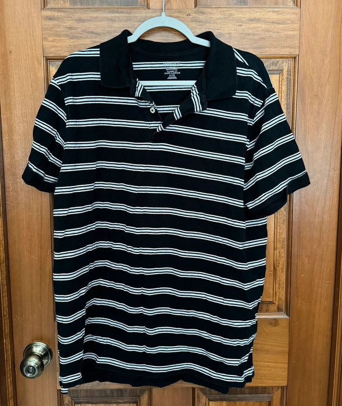 white and black striped short sleeve polo 1