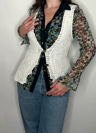Y2k 2000s white knit crochet cottage core country western bohemian gipsy fairy whimsigoth gilet, merk: Vintage, staat: Heel goed, maat: L / 40 / 12, € 16,50, € 18,03 inclusief Kopersbescherming Pro