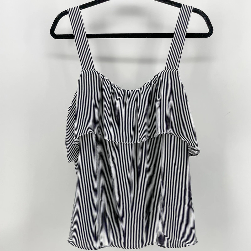 Loft Tank Top Blouse Navy White Stripes Ruffle XL 1