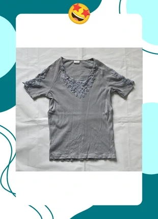 T-shirt vintage côtelé bleu ciel avec dentelle, marca: Damart, estado: Muito bom, tamanho: M / 38 / 10, €9.00, €10.15 inclui Proteção do Comprador Pro