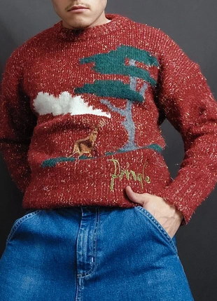 Pull Rare Vintage 80s en Maille Poilu Rouge Multicolore à Motifs Brodé Imprimé "Cerf / Paysage" (M), brand: Vintage Dressing, condition: Very good, size: M, €29.00, €31.15 includes Buyer Protection Pro