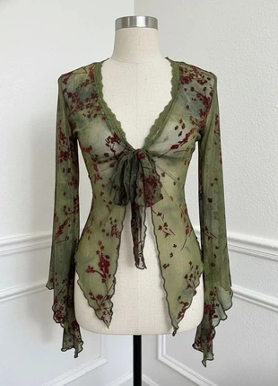 Top asymétrique bohème voile vert & fleurs rouges, marca: mona label, estado: Muito bom, tamanho: M / 38 / 10, €26.99, €29.04 inclui Proteção do Comprador