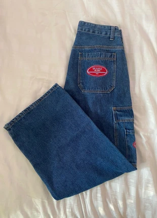 Vintage-Style Wide Leg Cargo Jeans – Y2K Skater Denim with Logo Patches, brand: Shein, condition: Very good, size: S / 36 / 8, €15.00, €16.45 includes Buyer Protection