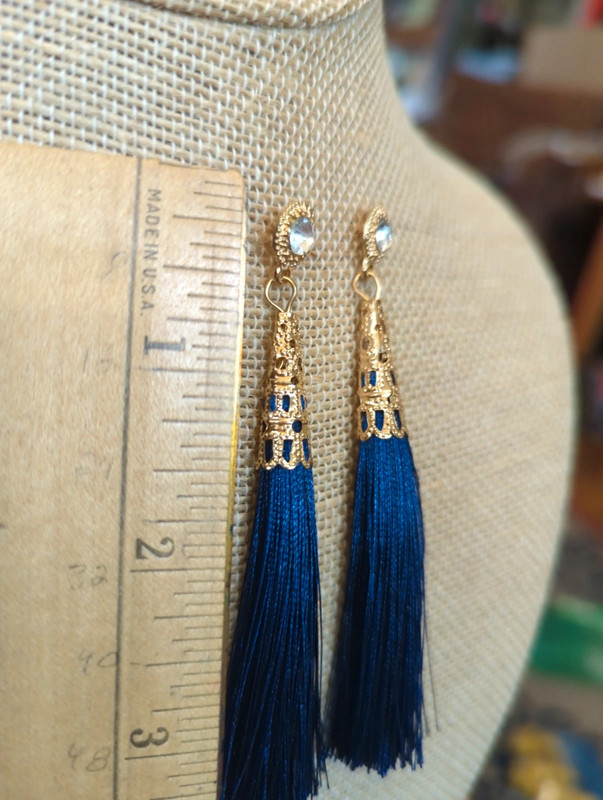 Earrings dark blue Fringe gold tone hardware rhinestones. 3.5 in Long. 4