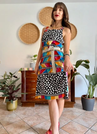 1970's vintage multicolor geometric and floral print midi dress, brand: Unique Vintage, condizioni: Ottime, taglia: XL / IT 46 / EU 42, €15.00, €16.45 include la Protezione acquisti Pro