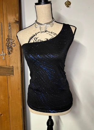 Top de fête asymétrique une bretelle pailleté bleu noir vintage y2k 36/38, brand: Pimkie, condition: Very good, size: M / 38 / 10, €12.00, €13.30 includes Buyer Protection Pro