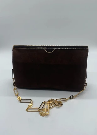 Sac vintage bandoulière Mangiameli Italy en suédine marron et chaîne dorée, merk: Vintage Dressing, staat: Heel goed, € 34,00, € 36,40 inclusief Kopersbescherming Pro