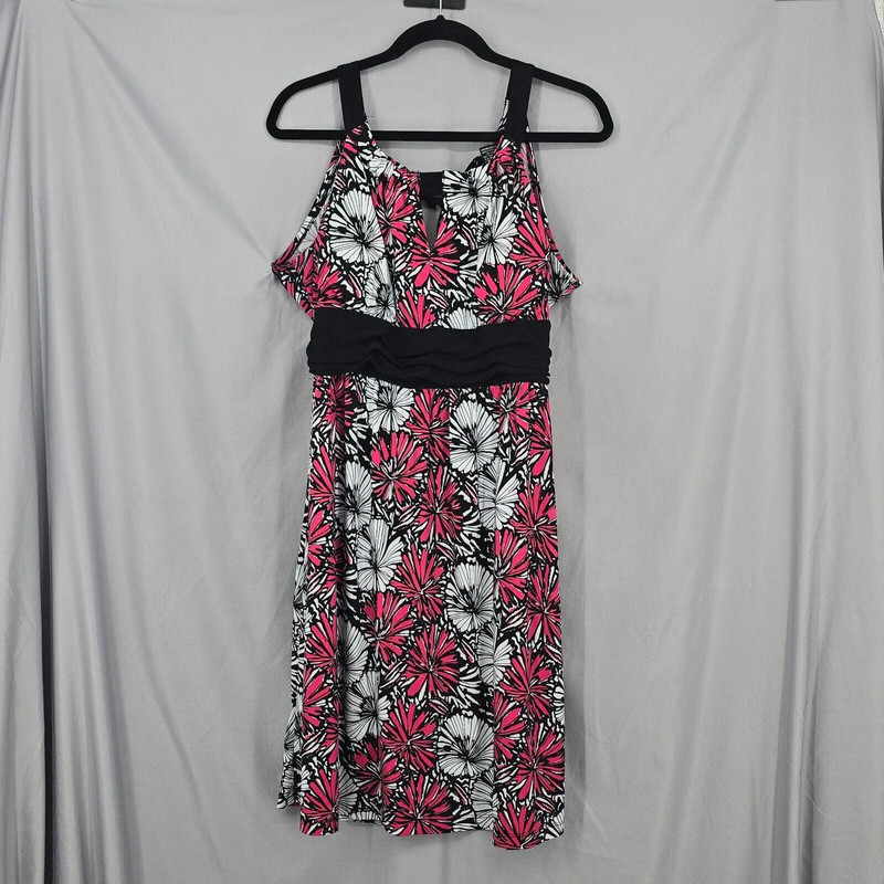 New Directions Womens Dress Large Pink Black White Floral Sleeveless Tie Back 1