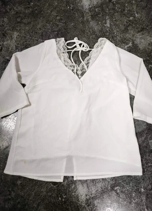 Blouse blanche femme – dentelle décolleté dos, manches 3/4, taille 36/S, condition: Very good, size: M / 38 / 10, €6.00, €7.00 includes Buyer Protection