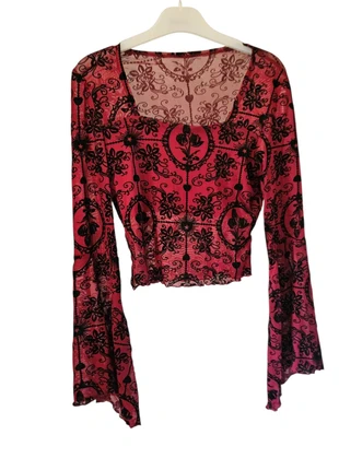Haut rouge motif floral noir manches larges évasées, merk: Alternative, staat: Heel goed, maat: S / 36 / 8, € 13,00, € 14,35 inclusief Kopersbescherming