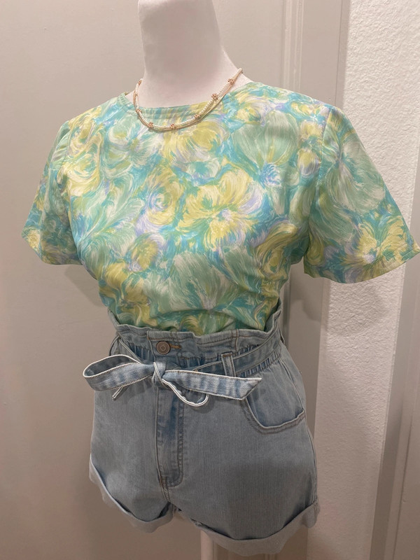 VTG 80s Light Green & Blue Watercolor Floral Patterned Blouse Top - M 3