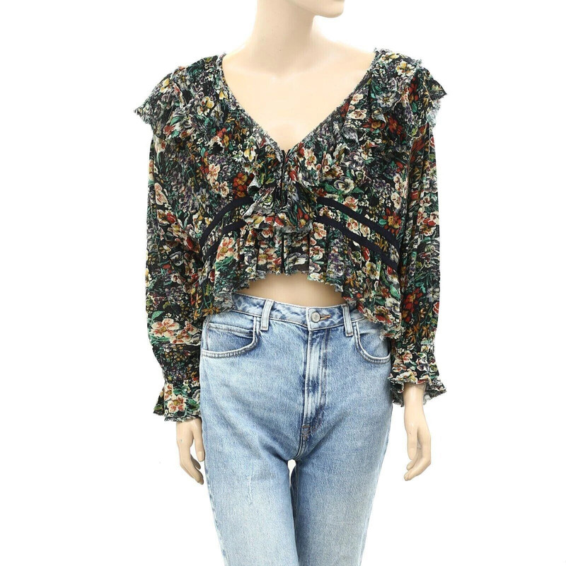 Free People Rudi Floral Printed Ruffle Cropped Top Blouse Bohemian S NWT 253188 1