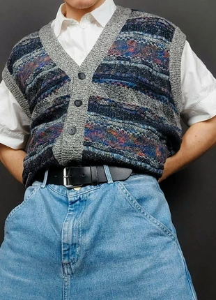 Cardigan / Gilet sans Manches Vintage Maille Gris Multicolore Motifs Coogi Style Mérinos / Soie (XL), brand: Vintage Dressing, condition: Very good, size: XL, €26.00, €28.00 includes Buyer Protection Pro