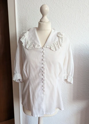 Bluse weiß beige Tracht Wiesn Oktoberfest Dirndl Vintage Lederhose , merk: Yessica, staat: Goed, maat: XL / 42 / 14, € 10,00, € 11,20 inclusief Kopersbescherming