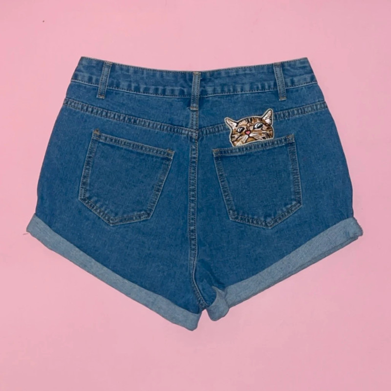 SHEIN Cat Patch Back Roll Hem Denim Shorts 2