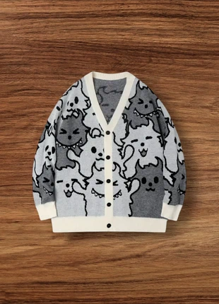 Cardigan Vintage Y2K Motifs Chat Blanc Gris Taille M - Américain Old School USA 90s Streetwear, brand: Aesthetic, condition: Very good, size: M, €49.90, €53.10 includes Buyer Protection