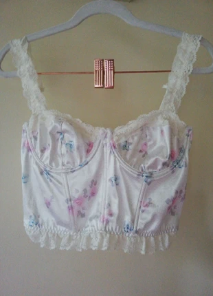 Bustier crop top sexy romantique dentelle fleurs pastels satiné, état: Bon état, taille: XS / 34 / 6, 3,00 €, 3,85 € Protection acheteurs incluse