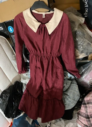 long-sleeved, burgundy dress with an off-white Peter Pan collar and a small bow tie at the neckline, condition: New without tags, size: S / UK 8-10, £20.00, £21.70 includes Buyer Protection