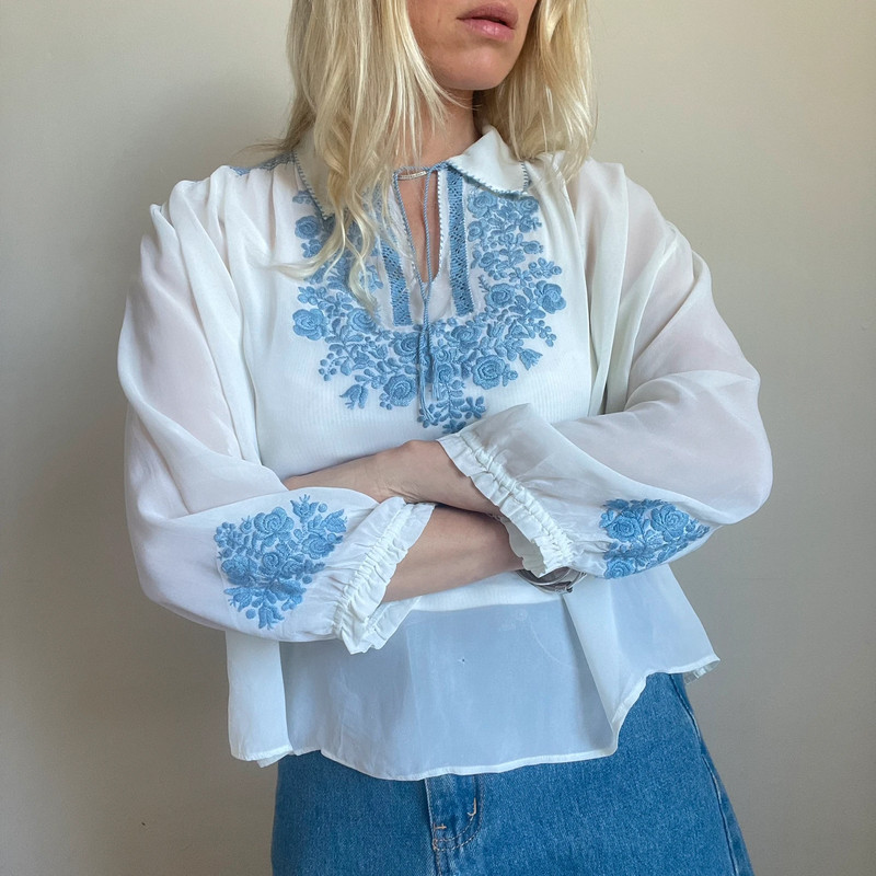 Vintage antique pale blue embroidered sheer Hungarian style peasant blouse Vinted