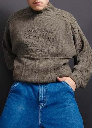 Pull à Col Montant Vintage 80s en Maille Marron à Texte Brodé et Motifs Torsades 50% Laine (L), brand: Ernesto, condition: Satisfactory, size: L, €16.00, €17.50 includes Buyer Protection Pro