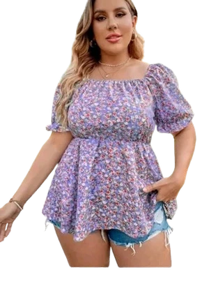 purple shein floral top elastic waist peplum fit puffy capped sleeves very cute cottagecore, brand: Shein Curve, condition: Very good, size: XXXL / 46 / 18, €3.00, €3.85 includes Buyer Protection