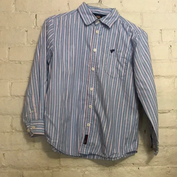 Wrangler Boy Medium 8/10 Blue Pink White Striped Button Down Cotton Dress Shirt 1