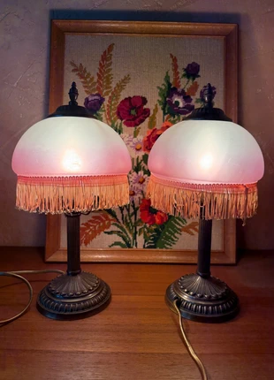 Paire de Lampes Art Déco à Franges Verre Rose Pied Bronze / Vintage Art Deco Fringe Lamps, brand: Vintage Dressing, condition: Very good, €70.00, €74.20 includes Buyer Protection
