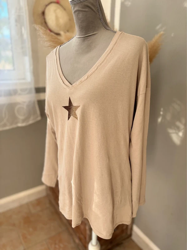 Tee-shirt coton manches longues étoiles beige-Taille unique - photo numéro 5