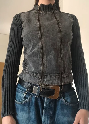 y2k fall denim jeans zipper zip up doublezip fitted jacket grey black rib knit longsleeve turtleneck, marque: denim rib zipper, état: Bon état, taille: S / 36 / 8, 45,00 €, 47,95 € Protection acheteurs incluse