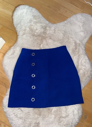 Bright Blue Mini Skirt – Size S with Silver Eyelet Buttons, condition: Very good, size: S / UK 8-10, £1.00, £1.75 includes Buyer Protection