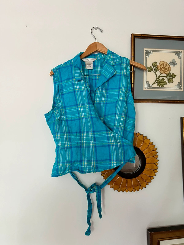 Vintage Linen Blue Plaid Sleeveless Blouse 5