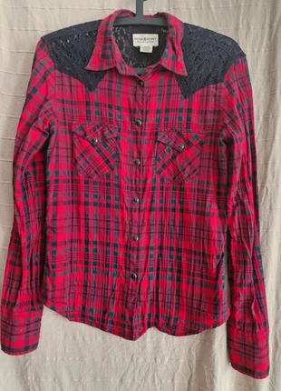 Ralph Lauren Denim & Supply | Chemise manches longues, motif tartan rouge, dentelle noire., marca: Ralph Lauren, estado: Muito bom, tamanho: S / 36 / 8, €15.00, €16.45 inclui Proteção do Comprador