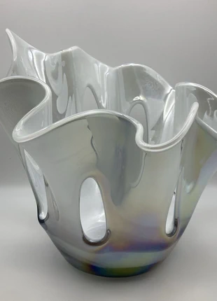 Hand Blown Iridescent White Art Glass Vase Bowl Cut Out Design 21cm, brand: Iridescent White Art Glass Vase Bowl, condition: Very good, £45.00, £47.95 includes Buyer Protection Pro