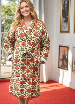 Red Quilted Cotton Robe – Cozy Floral Dressing Gown / Cottagecore Kimono Size 16–18 44" long), condition: New without tags, size: XXXL / 18, £45.00, £47.95 includes Buyer Protection