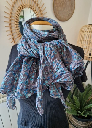 Grand Foulard écharpe Bohême Chèche gris en coton motifs Liberty 95x150 cm Romantique, condition: Very good, €5.00, €5.95 includes Buyer Protection Pro