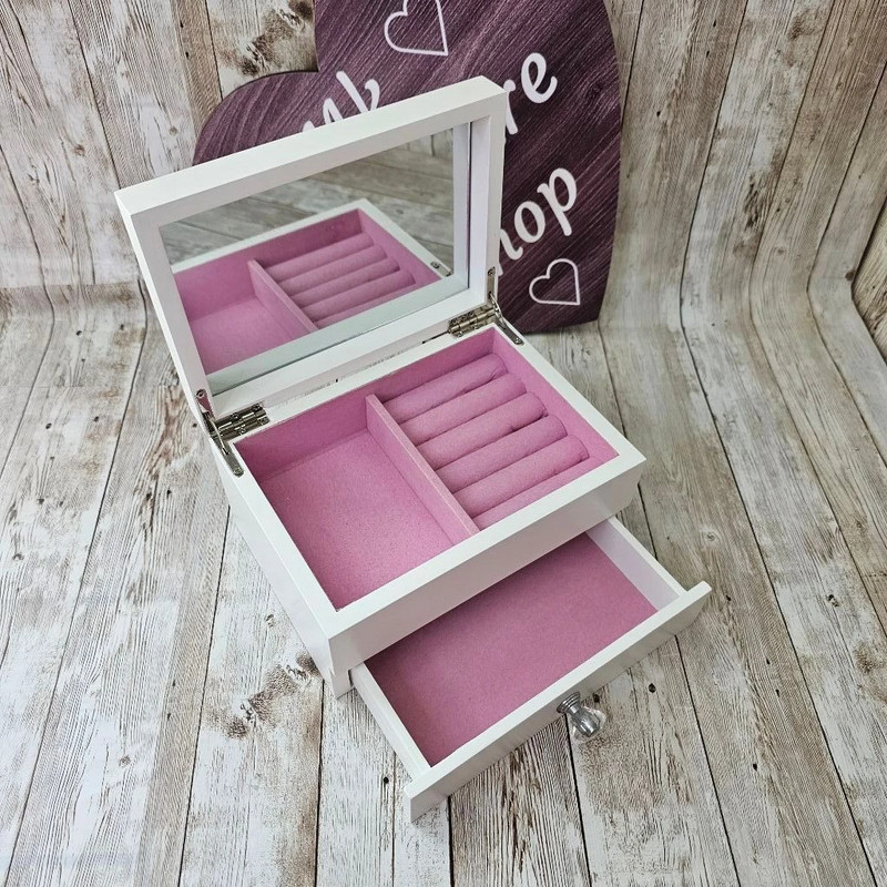 White Wooden Jewelry Box with Pink Lining and Mirror 1