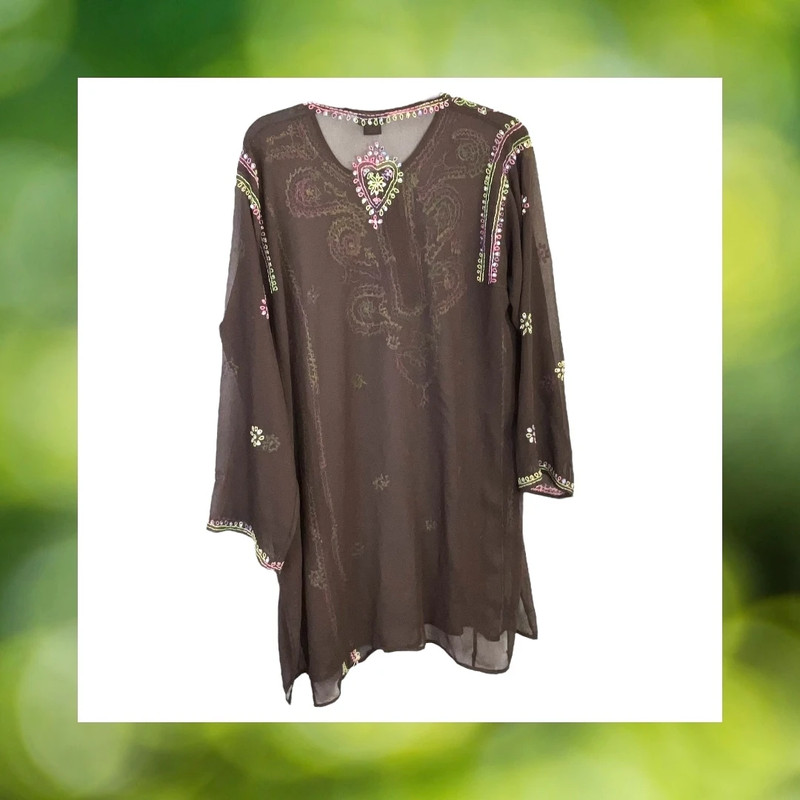 Betty B. Brown w Multicolor Threading/Sequins Sheer Tunic Kimono Top Women One Size 3